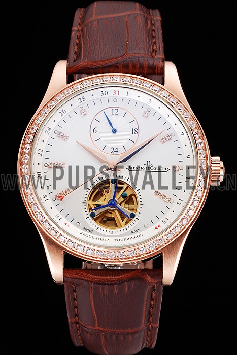 Jaeger-LeCoultre Master Tourbillon Dualtime White Dial Gold Case With Diamonds Brown Leather Strap 622782