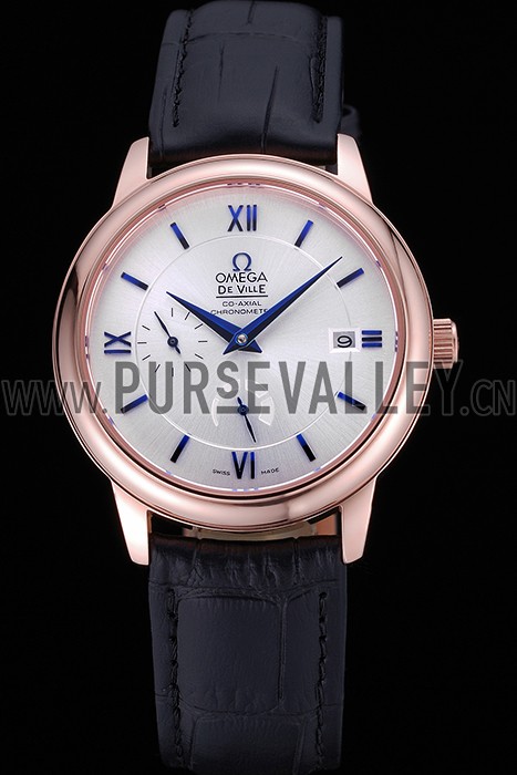 Omega DeVille Prestige Silver Dial Gold Case Black Leather Bracelet 622593