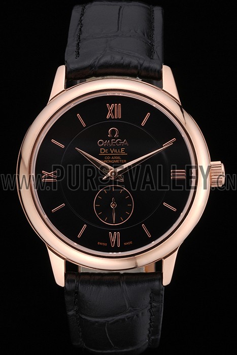 Omega DeVille Prestige Small Seconds Black Dial Gold Case Black Leather Bracelet 622602