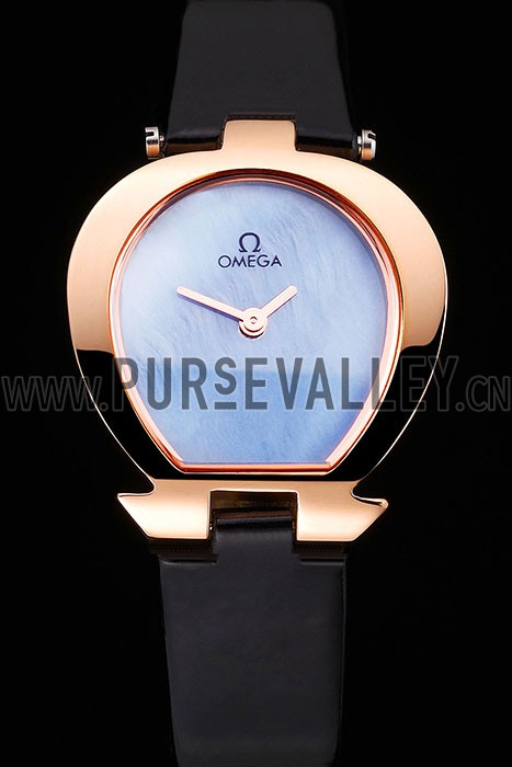 Omega Ladies Watch Sky Blue Dial Gold Case Black Leather Strap 622821