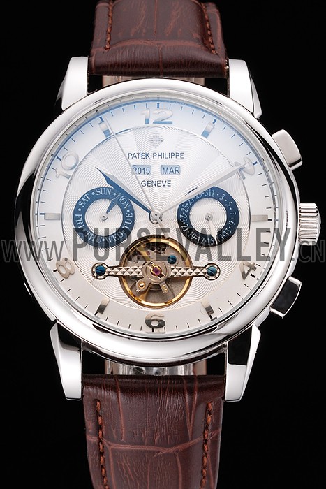 Patek Philippe Classic Tourbillon Power Reserve Black And White Dial Stainless Steel Case Brown Leather Strap