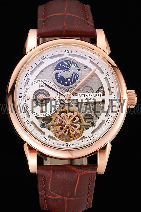 Patek Philippe Dual Time Moonphase Tourbillon White Skeletonised Dial Rose Gold Case Brown Leather Strap