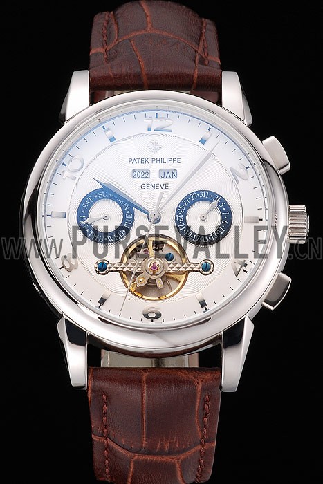 Patek Philippe Perpetual Calendar Tourbillon White Dial Stainless Steel Case Brown Leather Strap