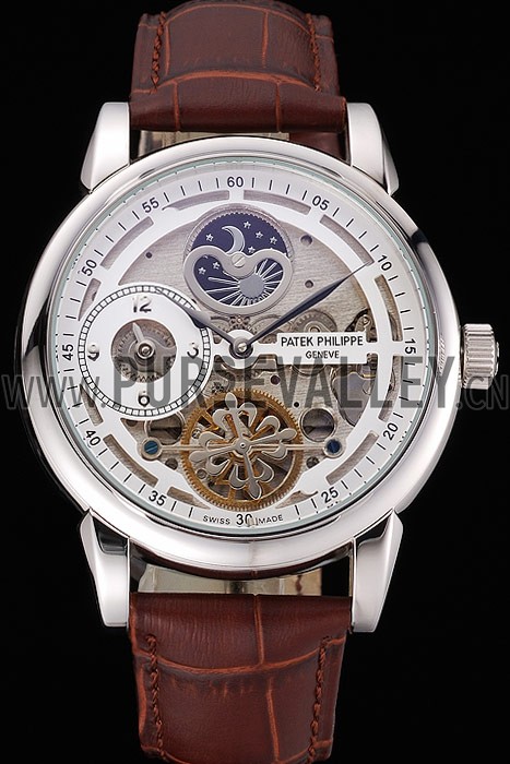 Patek Philippe Dual Time Moonphase Tourbillon White Skeletonised Dial Stainless Steel Case Brown Leather Strap