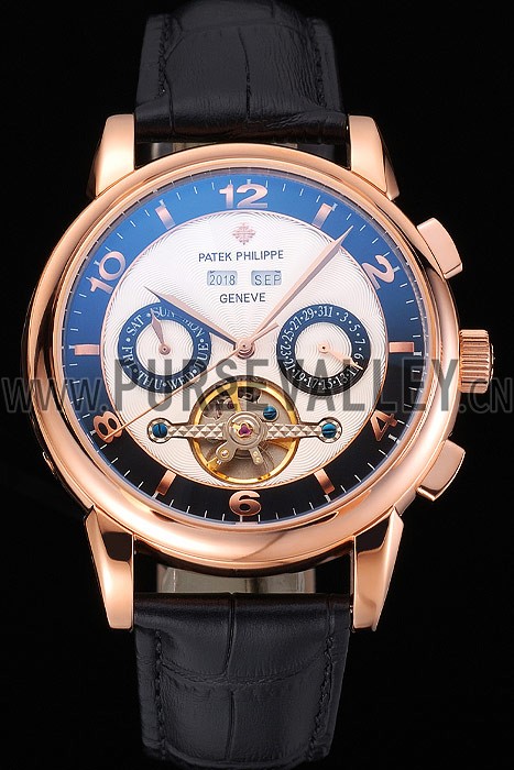 Patek Philippe Perpetual Calendar Tourbillon Two Tone Dial Rose Gold Case Black Leather Strap