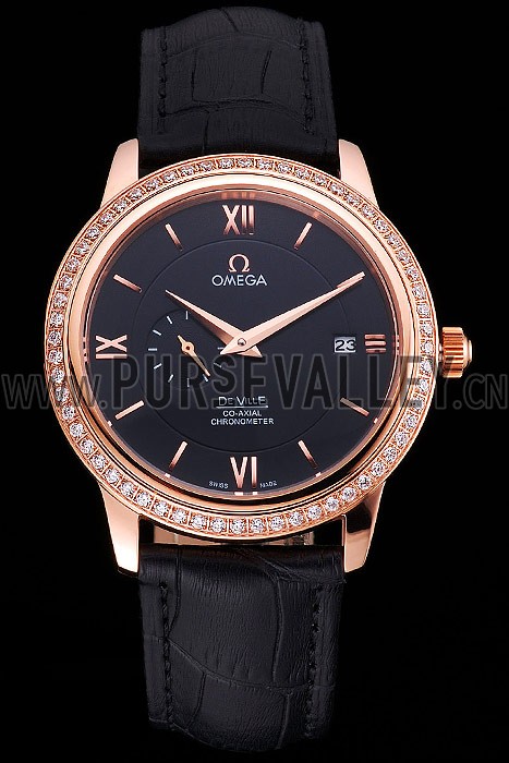 Omega De Ville Prestige Co-Axial Black Dial Rose Gold Diamond Case Black Leather Strap Roman Numeral