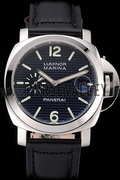 Panerai Luminor Marina Date Black Hobnail Pattern Dial Stainless Steel Case Black Leather Strap