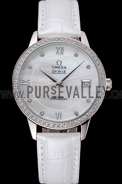 Omega DeVille Prestige Co-Axial Diamond Silver Case Mother-Of-Pearl Dial White Leather Strap