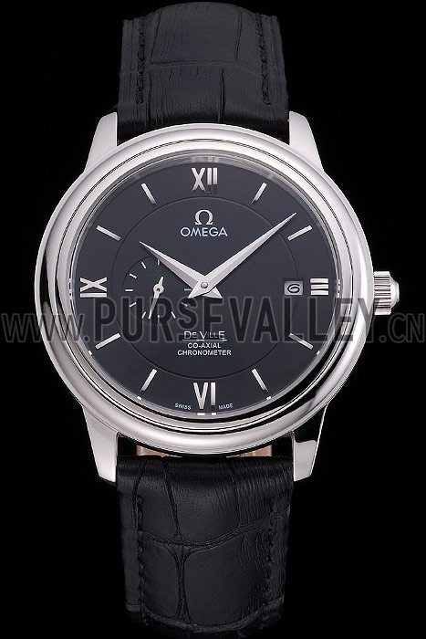Omega De Ville Prestige Co-Axial Black Dial Silver Case Black Leather Strap Roman Numeral