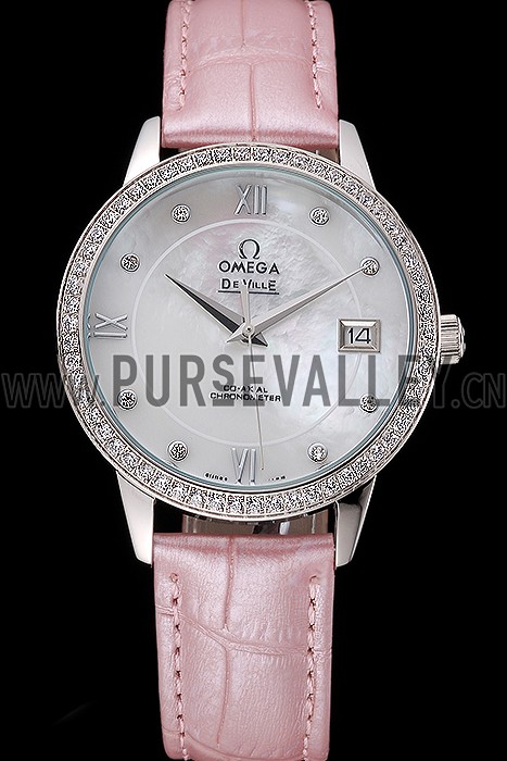 Omega DeVille Prestige Co-Axial Diamond Silver Case Mother-Of-Pearl Dial Pink Leather Strap