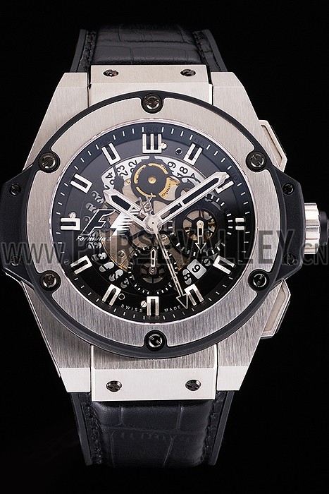 Swiss Hublot Big Bang Limited Edition Formula 1 Black Skeletonised Dial Steel Case Black Leather Strap 622883