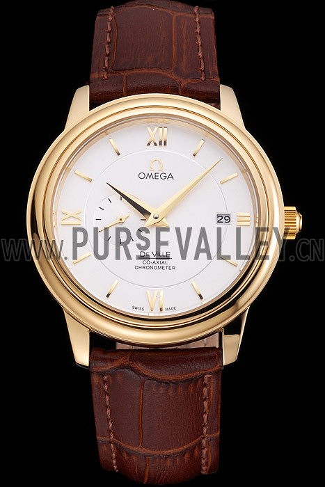 Omega De Ville Prestige Co-Axial White Dial Gold Case Brown Leather Strap Roman Numeral