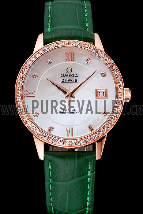 Omega DeVille Prestige Co-Axial Diamond Gold Case Mother-Of-Pearl Dial Green Leather Strap