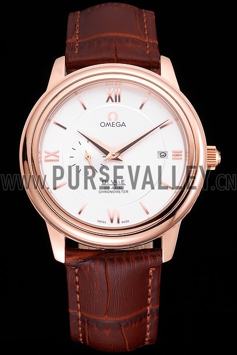 Omega De Ville Prestige Co-Axial White Dial Rose Gold Case Brown Leather Strap Roman Numeral