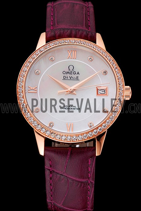 Omega DeVille Prestige Co-Axial Diamond Gold Case Mother-Of-Pearl Dial Purple Leather Strap