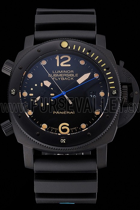 Panerai Luminor Submersible Flyback Date Black Dial Yellow Markings Black Ionized Case Black Rubber Strap