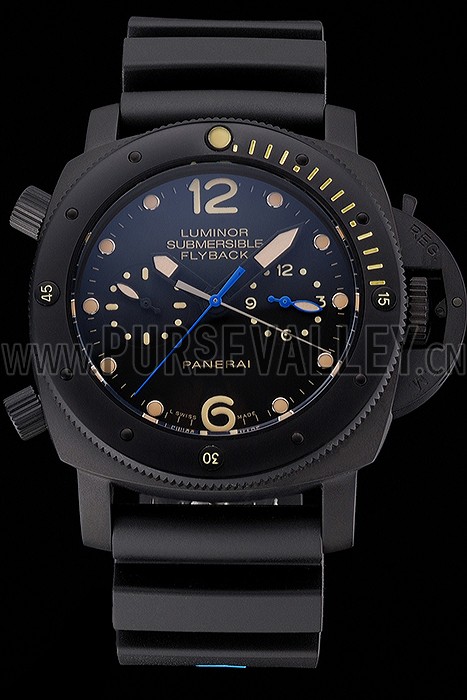 Panerai Luminor Submersible Flyback GMT Black Dial Yellow Markings Black Ionized Case Black Rubber Strap