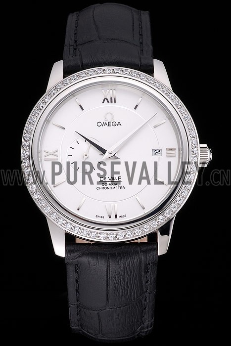 Omega De Ville Prestige Co-Axial White Dial Silver Diamond Case Black Leather Strap Roman Numeral