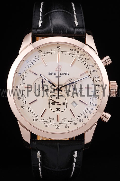 Breitling Transocean White Dial Black Leather Strap Rose Gold Bezel 98206