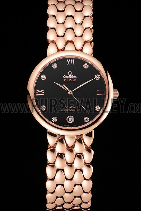 Omega De Ville Prestige Black Dial With Diamonds Rose Gold Case And Bracelet