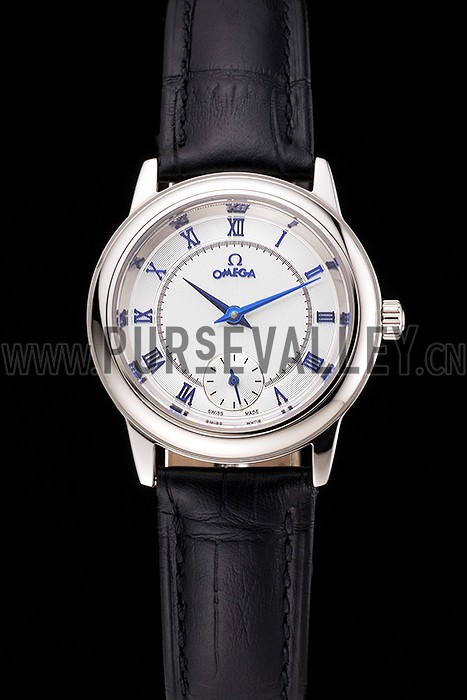 Omega De Ville Prestige Small Seconds White Dial Blue Numerals Stainless Steel Case Black Leather Strap