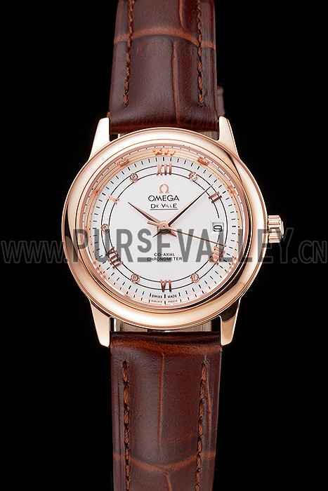 Omega De Ville Prestige Ladies White Dial Rose Gold Case Brown Leather Strap