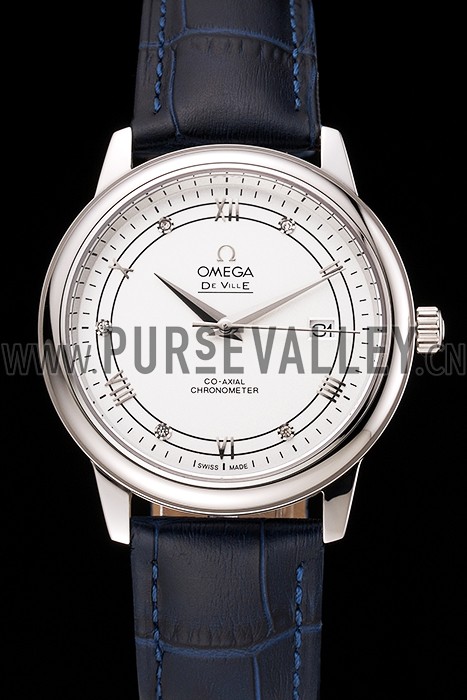 Omega De Ville Prestige White Dial Stainless Steel Case Blue Leather Strap