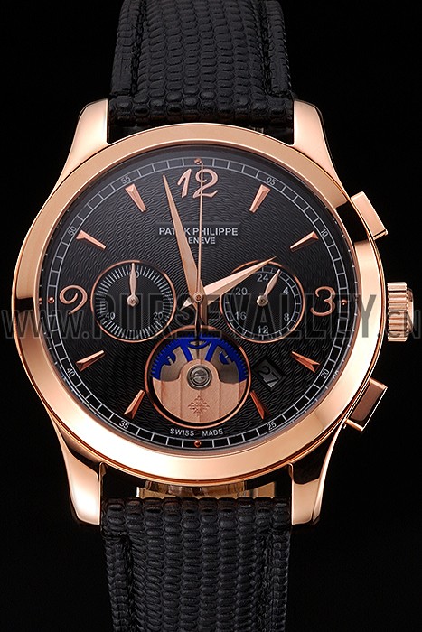 Patek Philippe Chronograph Black Guilloche Dial Rose Gold Case Black Leather Strap