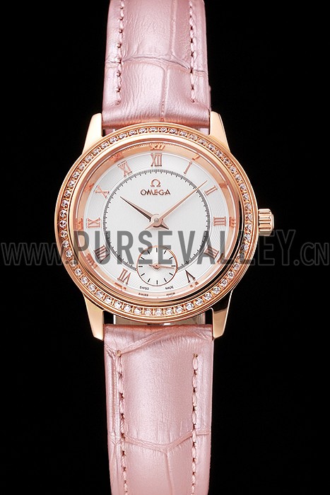 Omega De Ville Prestige Small Seconds White Dial Diamond Bezel Rose Gold Case Pink Leather Strap