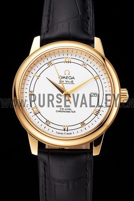 Omega De Ville Prestige White Dial Gold Case Black Leather Strap