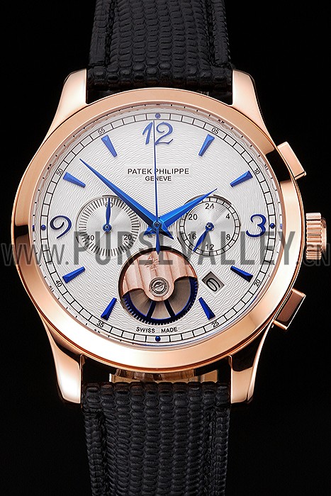 Patek Philippe Chronograph White Guilloche Dial Rose Gold Case Black Leather Strap