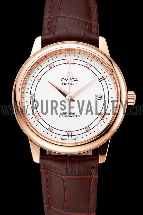 Omega De Ville Prestige White Dial Rose Gold Case Brown Leather Strap