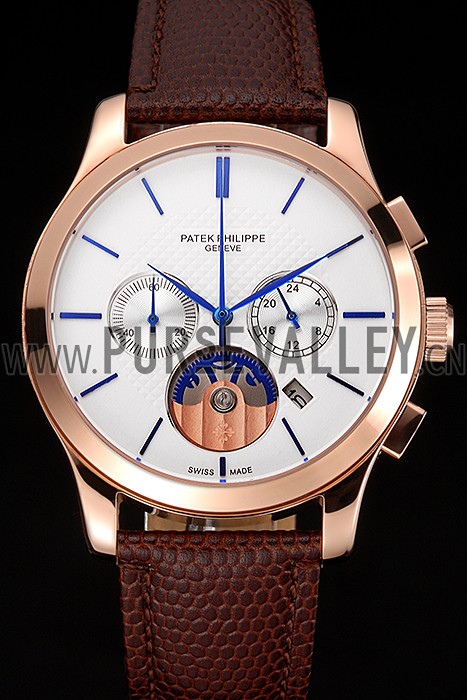 Patek Philippe Chronograph White Dial Rose Gold Case Brown Leather Strap