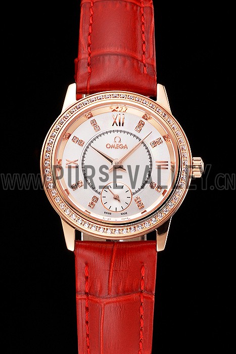 Omega De Ville Prestige Small Seconds White Dial Diamond Bezel Rose Gold Case Red Leather Strap