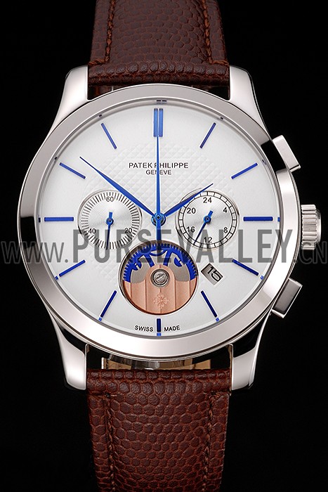 Patek Philippe Chronograph White Dial Blue Hands Stainless Steel Case Brown Leather Strap