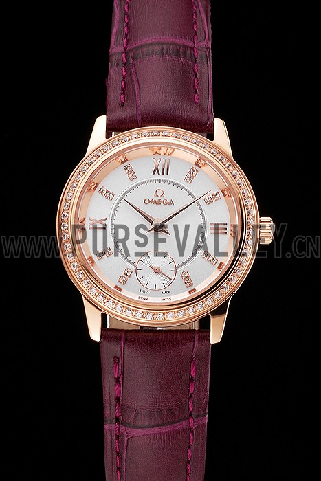 Omega De Ville Prestige Small Seconds White Dial Diamond Bezel Rose Gold Case Purple Leather Strap
