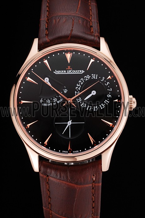 Swiss Jaeger LeCoultre Master Ultra Thin Reserve De Marche Black Dial Rose Gold Case Brown Leather Strap