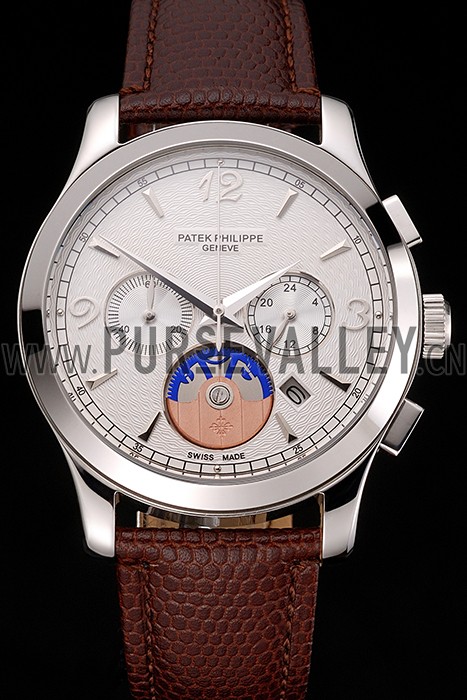 Patek Philippe Chronograph White Guilloche Dial Stainless Steel Case Brown Leather Strap