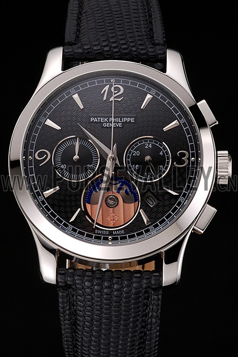 Patek Philippe Chronograph Black Guilloche Dial Stainless Steel Case Black Leather Strap