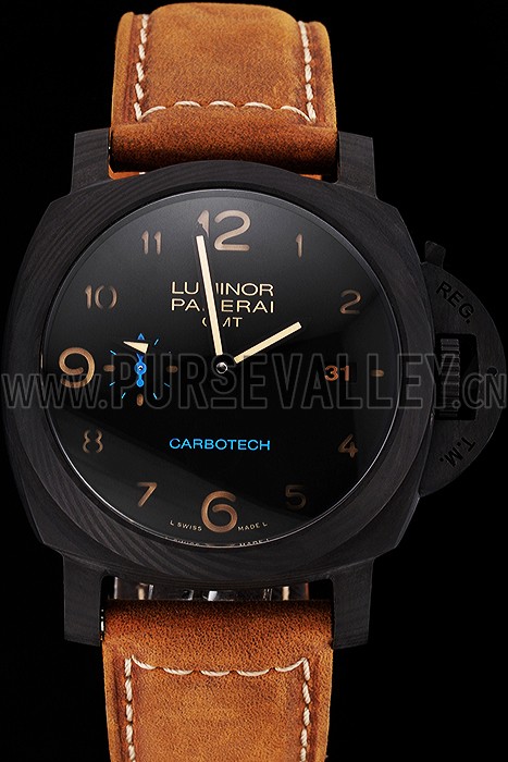 Swiss Panerai Luminor GMT Carbotech Black Dial Black Case Brown Leather Strap