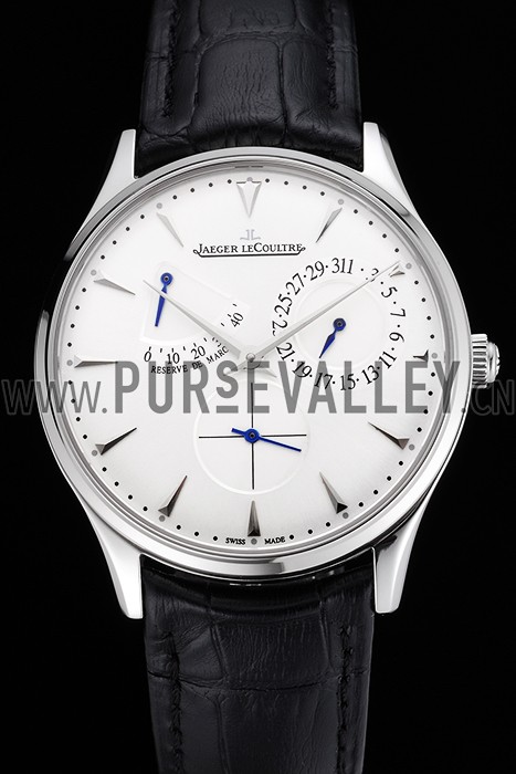 Swiss Jaeger LeCoultre Master Ultra Thin Reserve De Marche White Dial Stainless Steel Case Black Leather Strap