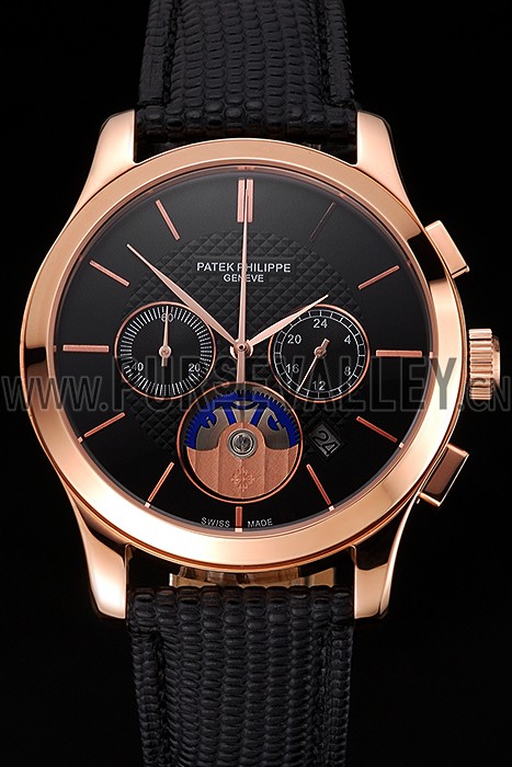 Patek Philippe Chronograph Black Dial Rose Gold Case Black Leather Strap