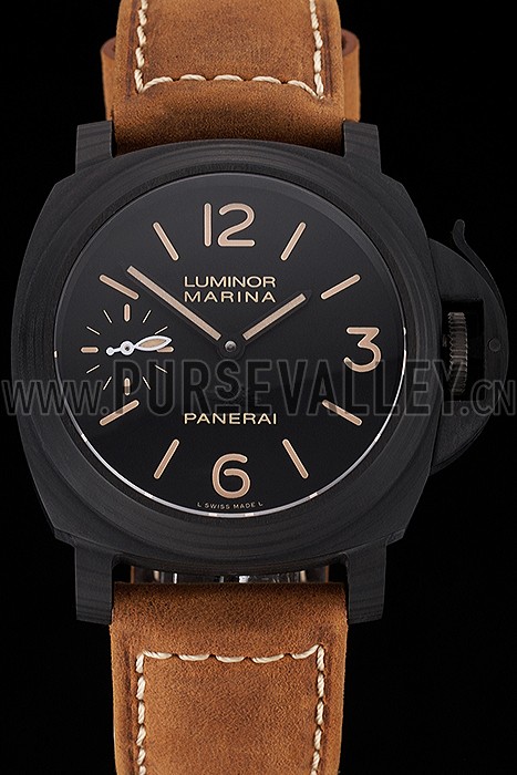 Swiss Panerai Luminor Marina Black Dial Black Case Brown Leather Strap