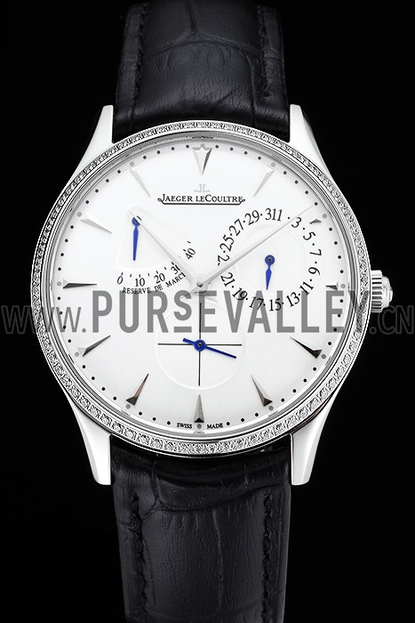 Swiss Jaeger LeCoultre Master Ultra Thin Reserve De Marche White Dial Diamond Bezel Stainless Steel Case Black Leather Strap