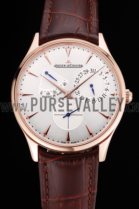 Swiss Jaeger LeCoultre Master Ultra Thin Reserve De Marche Silver Dial Rose Gold Case Brown Leather Strap