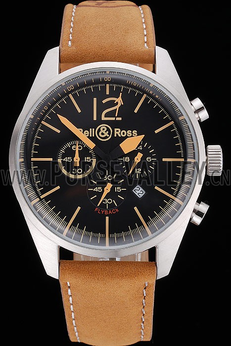Bell and Ross BR126 Flyback Black Dial Silver Case Gold Numerals Brown Suede Leather Strap