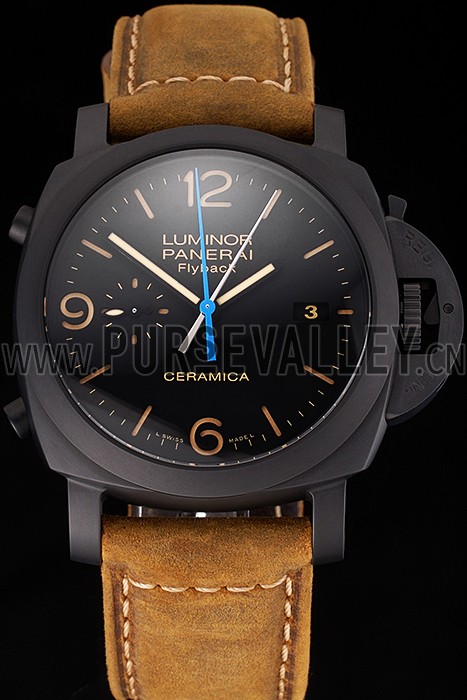 Swiss Panerai Luminor Ceramica Flyback Chronograph Black Dial Black Case Brown Leather Strap
