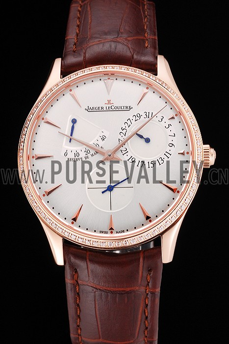 Swiss Jaeger LeCoultre Master Ultra Thin Reserve De Marche Silver Dial Diamond Bezel Rose Gold Case Brown Leather Strap