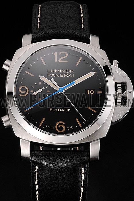 Swiss Panerai Luminor Flyback Chronograph Black Dial Stainless Steel Case Black Leather Strap