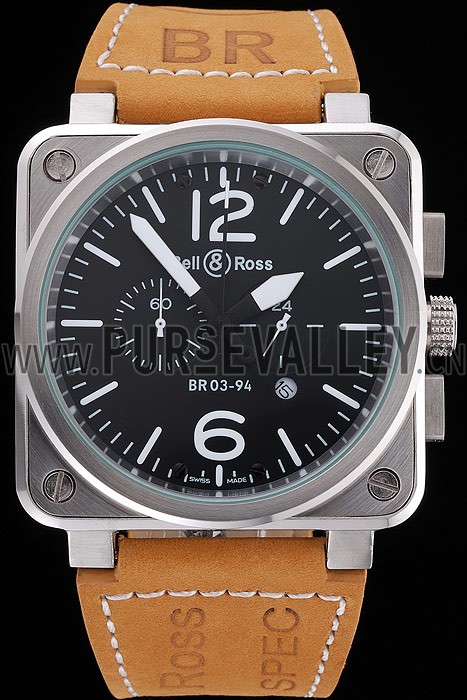 Bell and Ross BR 03-94 Black Dial Silver Case Brown Leather Strap